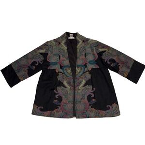 Soft Surroundings Paisley Wool Jacket Size Medium Boho Black Tapestry 3/4 sleeve
